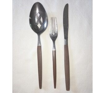 Ekco Eterna Flatware‎ Set 3 Brown MCM Canoe Muffin Stainless Japan Good Vintage